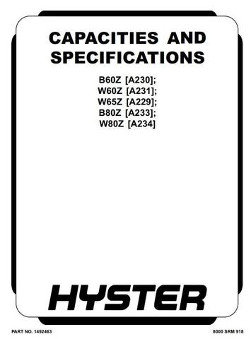 Hyster B60Z, B80Z, W60Z, W65Z, W80Z Pallet Truck A229, A230, A231, A233, A234 Series Service Manual