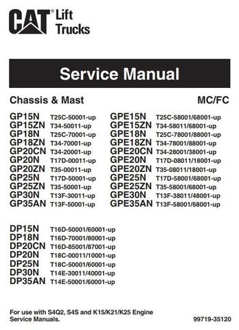 Caterpillar DP15N, DP18N, DP20N, DP20CN, DP25N, DP30N, DP35AN Diesel Forklift Truck Service Manual