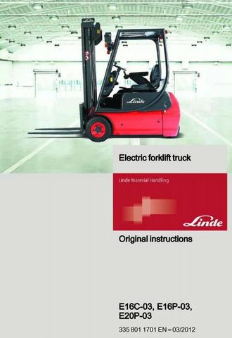 Linde E16C, E16P, E20P Forklift Trucks 335-03 series Original Operating Instuctions (User Manual)